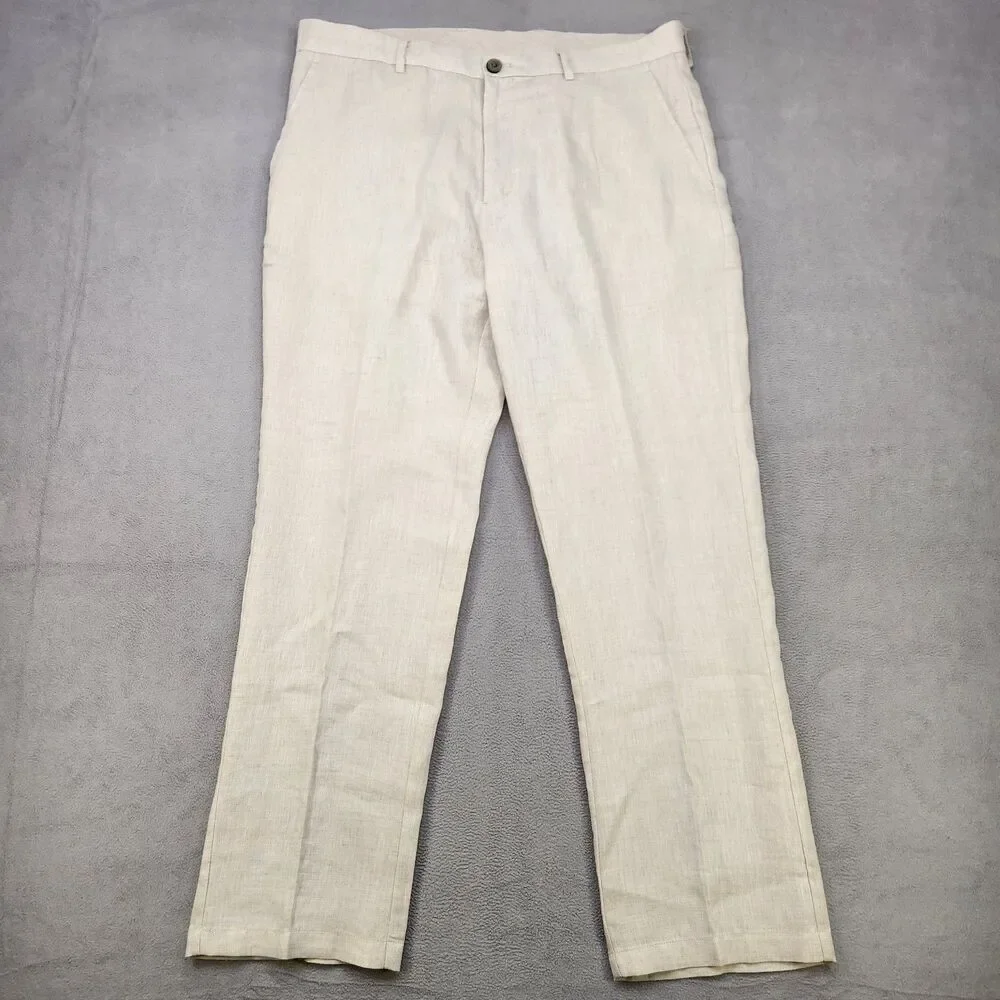 Tasso Elba 100% Linen Pants Mens Size 34x30 Beige Tan Straight Flat Casual Beach